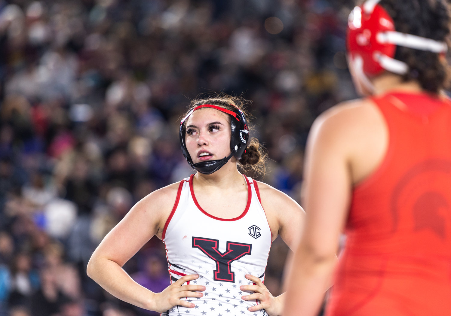 Yelm’s Amailee Niz, 145 pounds, competes against Stanwood’s Katana Karasti in the first round at Mat Classic XXXIV on Friday, February 17, 2023, at the Tacoma Dome. (Joshua Hart/For The Chronicle)